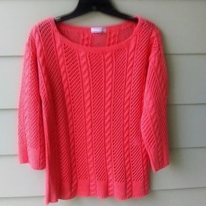 Cadena Women's Coral Sweater 3/4 Sleeve Cable/ Open Knit SZ L